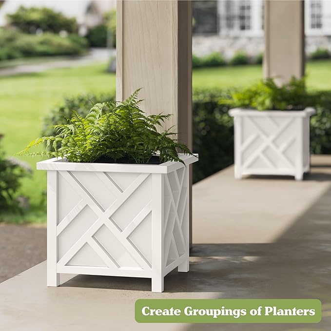 Lattice Design Outdoor Planter Box - 15.5” Square White Plant Pot - Decorative Plant Pots for Front Porch Decor - Flower Pots Outdoor Planters for Porch Patio or Garden Decor by Pure Garden