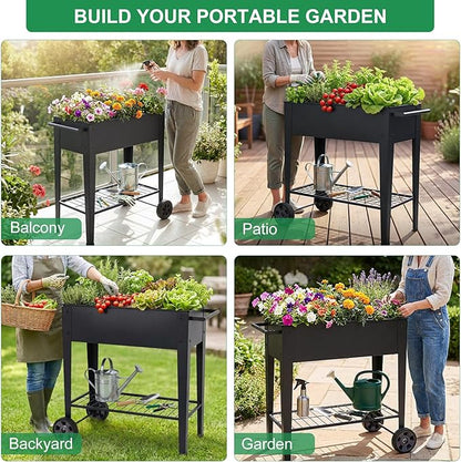 Elevated 32" Tall Raised Garden Bed with Legs and Wheels for Mobility, Metal Planter Boxes Outdoor with Shelf, Raised Bed for Gardening Vegetables/Herbs, Backyard, Patio, Balcony, Black