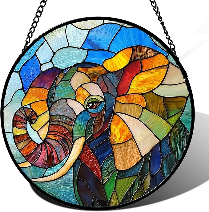 Stained Glass Window Hanging, Cute Elephant Sun Catcher for Door Home Decor Animal Suncatcher Christmas Mother's Day Birthday Gifts for Women Men Mom and Nana 11.8 in