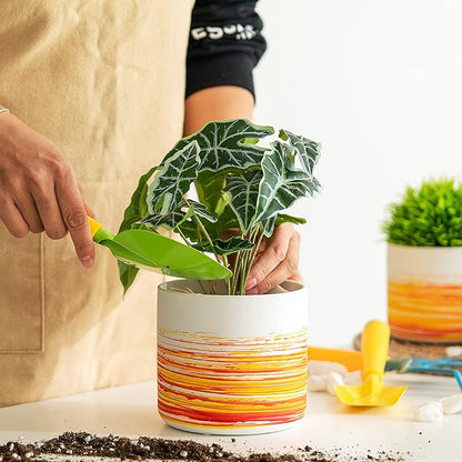 Ceramic Plant Pots 5.1+4.3+3.7 inch Hand-Painted Small Flower Pot Set of 3 Planters with Drainage Hole and Plug Used for Indoor Plants and Other Outdoor Garden（Orange）