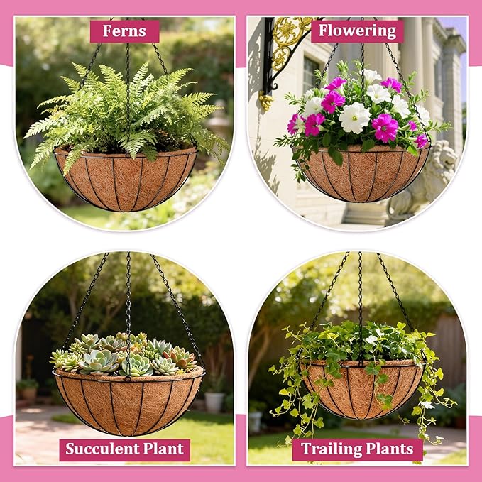 Halatool 20 Inch Large Hanging Planters for Outdoor Plants, 2 Pack Metal Outdoor Hanging Baskets with Coco Liner, Round Hanging Flower Pot for Plants Flowers Garden Decorations