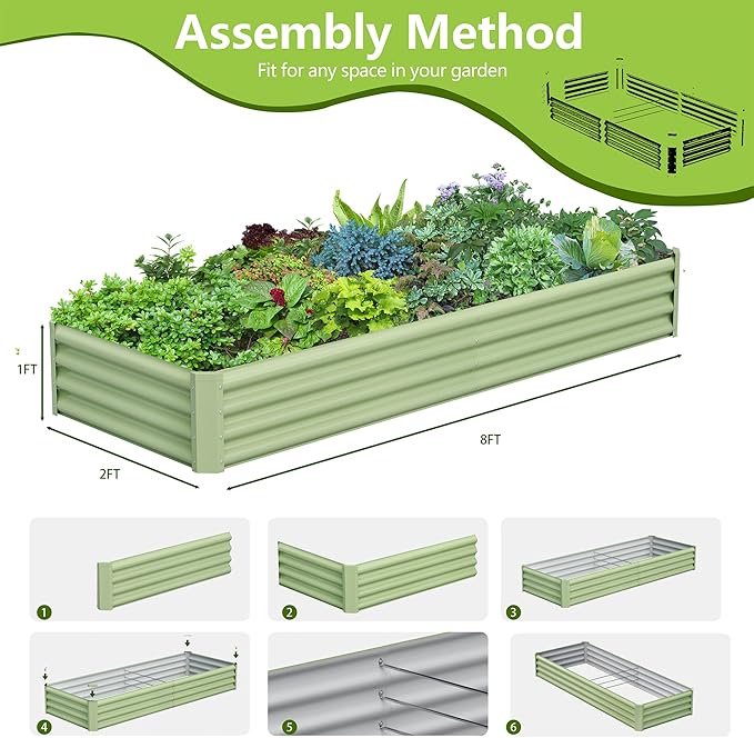 2PCS 8x2x1FT Galvanized Raised Garden Bed Kit, Galvanized Planter Raised Garden Boxes Outdoor, Large Metal Raised Garden Beds for Vegetables-Green