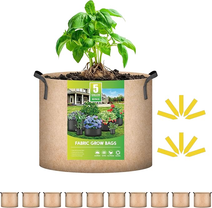 iPower 10 Pack 5 Gallon Grow Bags, Garden Planting Nonwoven Fabric Pots with Reinforced Handle, Heavy Duty and Aeration Planter Pot for Tomato, Fruits, Vegetables and Flowers, 10 Labels Included, Tan