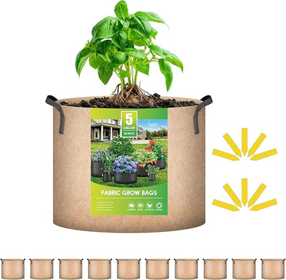 iPower 10 Pack 5 Gallon Grow Bags, Garden Planting Nonwoven Fabric Pots with Reinforced Handle, Heavy Duty and Aeration Planter Pot for Tomato, Fruits, Vegetables and Flowers, 10 Labels Included, Tan