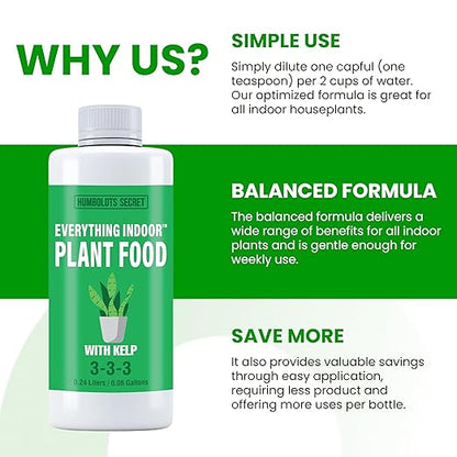 Humboldts Secret Everything Indoor Plant Food | 3-3-3 All Purpose Liquid Fertilizer with Norwegian Kelp | Supports Growth and Strong Roots | Nutrients for Houseplants & Indoor Plants | 8 Ounce