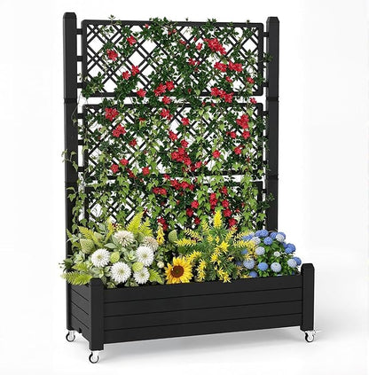 EasyUp Rolling Garden Planter Box with Trellis & Lockable Casters, Outdoor Raised Bed with Drainage & Water Gauge, Durable Resin for Patio, Balcony, Yard, Dust-Proof (Black, 43.43 * 18.27 * 64.29)