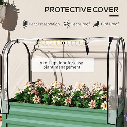 Outsunny Raised Garden Bed with Cover and Storage Shelf, Rectangular Metal Elevated Planter Box with Legs and Bed Liner for Vegetables, Flowers, Herbs, Green