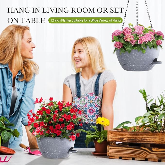 12 Inch Hanging Baskets 2 PC with Chains, Self-Watering Hanging Planters for Indoor Outdoor Plants, Plastic Hanging Flower Pots,Speckled Grey