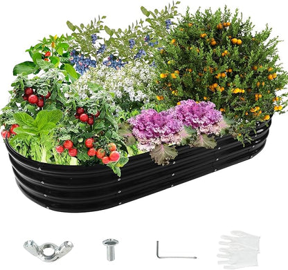 6X3X1 FT Oval Galvanized Metal Garden Raised Bed/Plant Box for Planting,36 Inches Diameter Iron Fire Pit Ring,Small Animal Fence-3 in 1 Modular Design in Black (Black, 72X36X11.5 Inches)