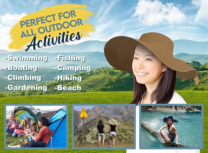 Women's Wide Brim UPF 50+ Straw Sun Hat with Bow - Foldable Packable Summer Beach Hat with Chin Strap
