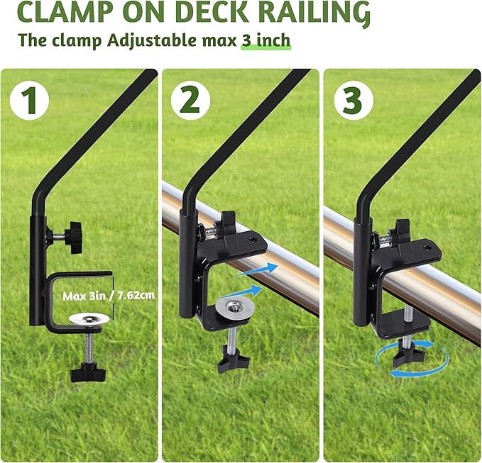 ERYTLLY Heavy Duty Deck Hook, Extensible and Adjustable Deck Hook with 2" Non Slip Horizontal Clamp for Hanging Bird Feeder, Plants, Suet Baskets,Wind Chimes,Lanterns and More