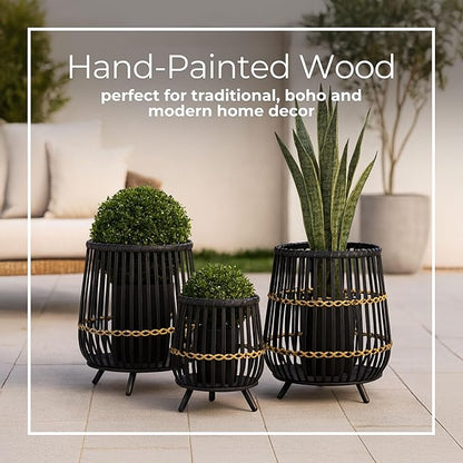 Set of 3 Woven Basket Decorative Planter Pot with Short Legs – Bamboo & Rattan Outdoor & Indoor Plant Pot – Modern Garden & Home Decor Planters – 13", 17", & 19", Black