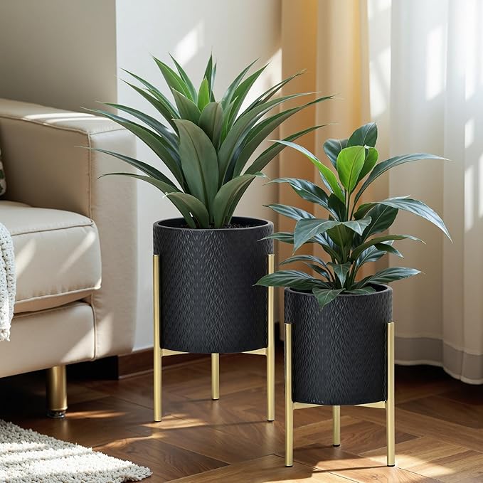LuxenHome 2-Piece Diamond Pattern Round Metal Cachepot Planter Set, Black Planter with Gold Stands Set of 2 Indoor Plant Pots Large Floor Plant Pot for Plants, NOT Waterproof