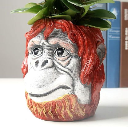 Funny Planter Head Planter with Drainage Hole Resin Plant Pot Pencil Holder Desk Storage(Gorilla)