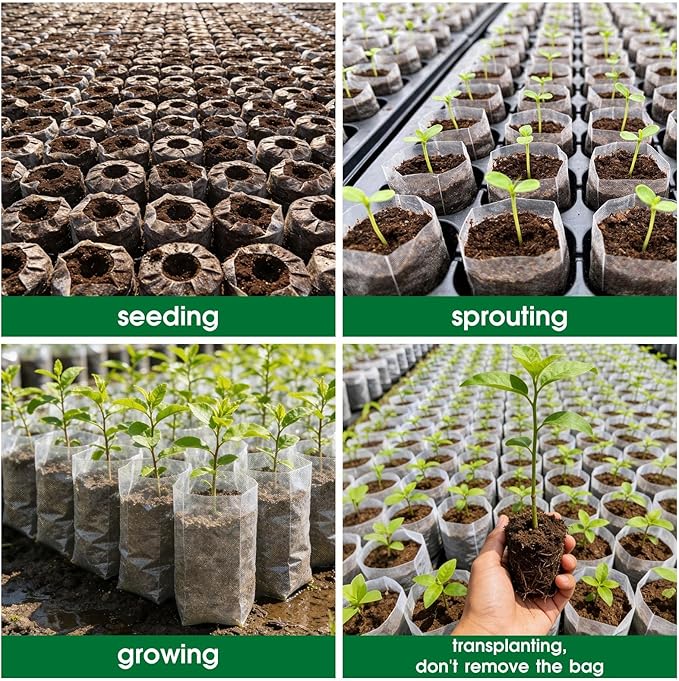 Augshy JULMELON 100 Pcs Nursery Growing Bags, 7.5x11.6 inch Breathable Non-Woven Plants Grow Fabric Plant Grow Bags for Vegetable Seed Starter Home or Outdoor Garden Supply