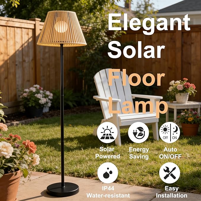 46" Solar Outdoor floor lamps for Patio Decor. Rattan Wicker Lights,Hand Woven Lamp Stable MetalLanterns Outdoor Waterproof Rechargeable,Ideal for Gardens, Yards, Pathways, Driveways and Porches.