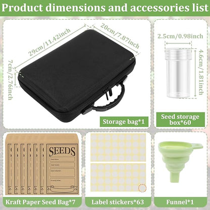 60 Slots Seed Storage Organizer Box with 7 Envelopes, 63 x Label Stickers Garden Seed Organizer with Zipper Bag Storage Container for Vegetable Flower Plants Garden (Black)