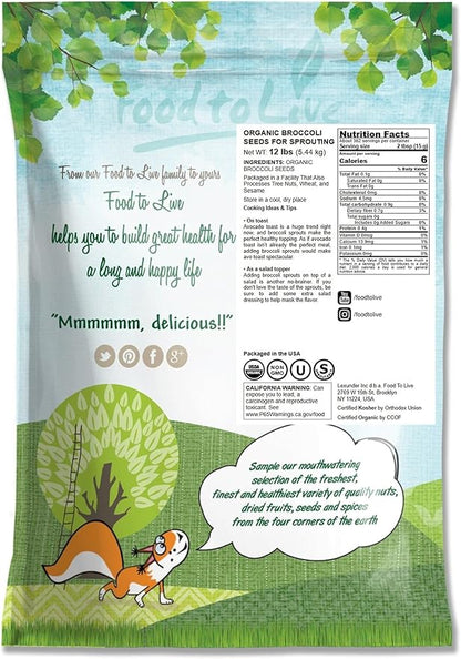 Food to Live Organic Broccoli Seeds for Sprouting, 12 Pounds – Non-GMO, Vegan, Kosher, Sirtfood, Bulk. Rich in Sulforaphane, Vitamin C. Grow Sprouts, Microgreens for Salads, and Sandwiches