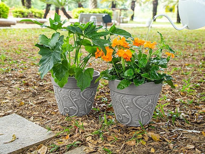 Melphoe Plant Pots Indoor with Drainage & Saucer, 2Pack 7/8 inch Flower Pots Outdoor Planters for Indoor Plants Garden Home Decor Cactus Succulent, Rigid Plastic (Imitation-Terracotta) Vine-Embossed
