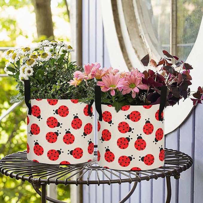 7 Gallon Cartoon Ladybug Beige Floral Breathable Potato Grow Bags Heavy Duty Planter Pot Containers with Handles for Tomato Fruits Flowers Vegetables