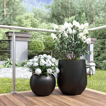 DTY Mount Sherman 21.1'' D x 16.7'' H (Pot Opening 14.6") Fiberstone Round Planter with Drainage Hole, Smooth Finishes, Weather Resistant for Indoor and Outdoor, 2 Extra Coco Mats - Black, Large