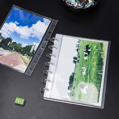 Discbound Photo Album with Clear PET Cover 20 Sheets Clear PP Sleeves 7 Discs Bound Organizer Left Side Open Pockets for Cash Money Stickers Photos Cards (7 Rings 1 Pocket)