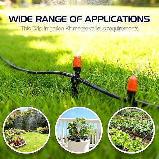 50FT Garden Drip Irrigation Kit - DIY Misting Cooling System with 1/4" Tubing & Adjustable Atomizing Nozzles for Greenhouse, Patio, Raised Beds, Potted Plants