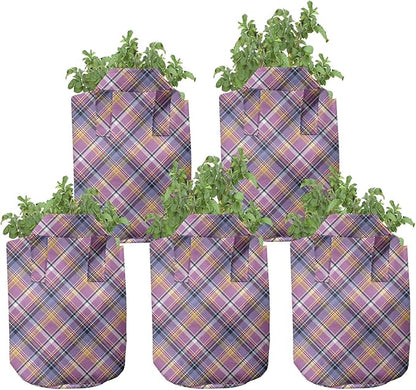 Ambesonne Purple Grow Bags 5-Pack, Checked Tartan Plaid Layout, Heavyduty Fabric Pots with Handles for Plants, Purple Pink