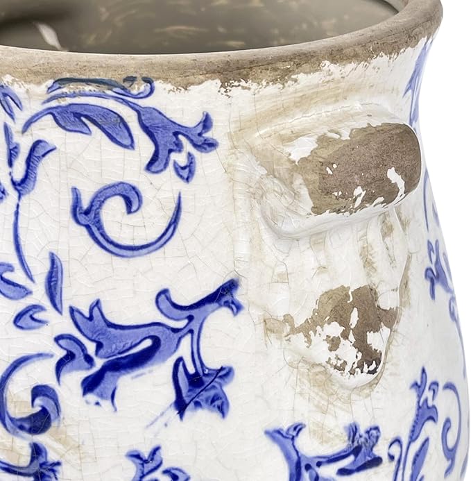 Vintage Blue Ceramic Ice Crack Glaze Flower Pot with Drainage Holes and With Handle, Country Rustic Planters for Indoor and Outdoor,Tuscan Decor,Home,Living Room, Garden Decor, Gardening Gift (Blue)