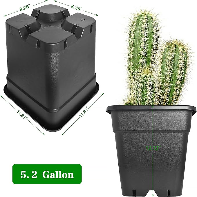 10 Pack Square Planter Nursery Pots 5.2 Gallon Pots for Plants, Plastic Flower Pots, Black Grower Pots with Drainage Hole for Indoor and Outdoor
