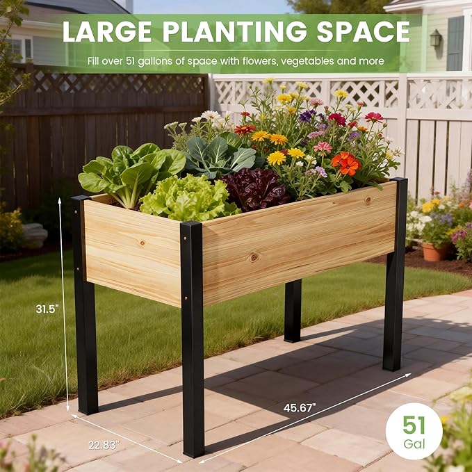 DoCred Raised Garden Bed, 45.7" x 22.8" x 31.5" Large Elevated Wooden Horticulture Planter Box with Metal Legs Standing Growing Bed Planter for Gardening, Balcony, Backyard, Patio