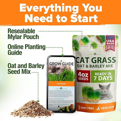 HOME GROWN Cat Grass Seeds 4 oz Oat & Barley Mix – Indoor Cat Grass Refill Kit – Digestive Green Grass for Pets – Heirloom Seeds for Cats’Health & Wellness
