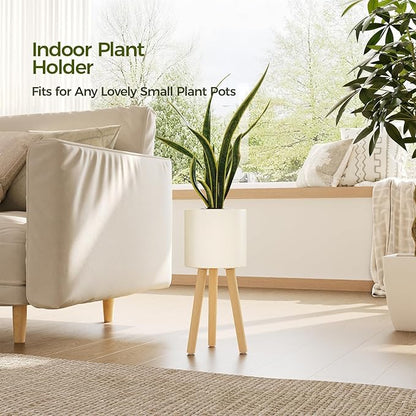 Bamworld Single Plant Holder for Indoor Plants Metal Planter Stand Wooden Leg White Plant Stand Indoor Flower Pot Stand Plant Pot with Stand for Living Room Office Bedroom Decor Modern Home Decor