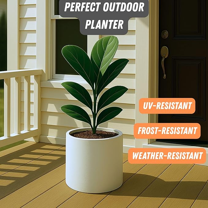 Fox & Fern 8 Inch Plant Pot with Drainage Plug — Premium Lightweight Fiberstone Matte White Planter - Indoor & Outdoor Planter - 8 Inch Pots for Plants - Weather Resistant & UV Resistant