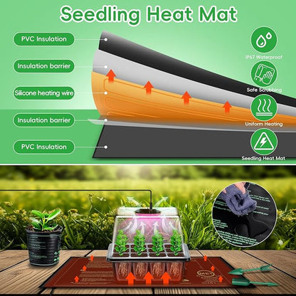 YAUNGEL Seed Starter Tray with Grow Light, 5 Pack Seed Starter Kit with Heat Mat, Seed Tray with Timing Controller Adjustable Brightness and Humidity Domes Heightened Lids, Black