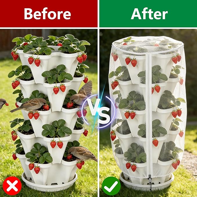 2 Pcs Vertical Plant Pot Insect Netting with Zipper, 39" x 20" Stackable Planter Garden Net Cover, 5 Tier Planter Pot Insect Bird Barrier Protection Mesh for Strawberry Herb Flower Fruit Vegetable