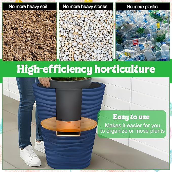 4 Pack Planter Insert, 10 Inch Round Plastic Planter Inserts for Large Pots with Drainage Holes, Use Less Potting Soil, Planter Accessories for Indoor & Outdoor Use