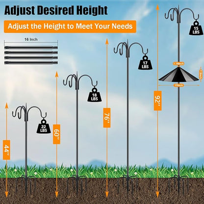 FEED GARDEN 92" Squirrel-Proof Bird Feeder Pole - Heavy-Duty Shepherd's Hook with 3 Hooks, 5-Prong Base & 19" Baffle for Outdoor Feeders & Plants
