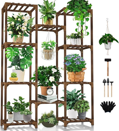 Uneedem Plant Stand Indoor Outdoor, Tall Plant Shelf for Multiple Plants, 10 tiers 11 Pot Large Plants Holder Rack Wood Plant Shelves for Room Corner Balcony Garden Patio