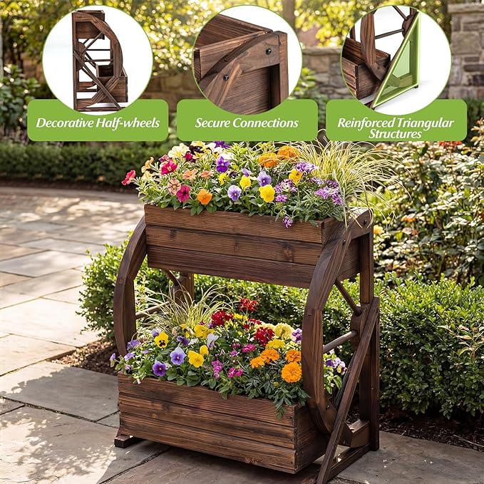 Giantex Wooden Wagon Planter Box, 2-Tier Garden Planter with Drainage Holes for Flowers Herbs Vegetables, Indoor Outdoor Decorative Planter Container for Patio Garden Balcony (2)