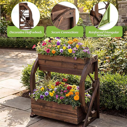 Giantex Wooden Wagon Planter Box, 2-Tier Garden Planter with Drainage Holes for Flowers Herbs Vegetables, Indoor Outdoor Decorative Planter Container for Patio Garden Balcony (1)