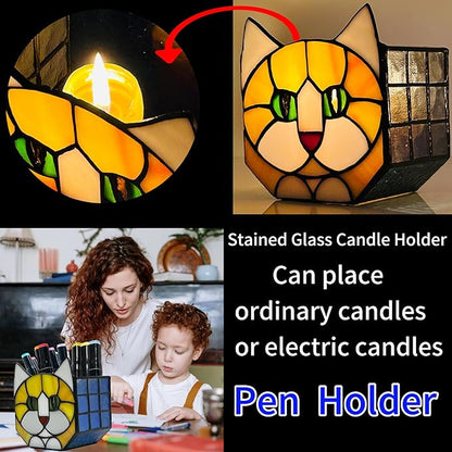Stained Glass Cat Planter Pot with Drainage and Tray, Perfect for Succulents and Indoor Plants, Ideal Plant Gifts for Women and Orange Cat Lovers 4.6x5.15x3 in （Excluding Plants）