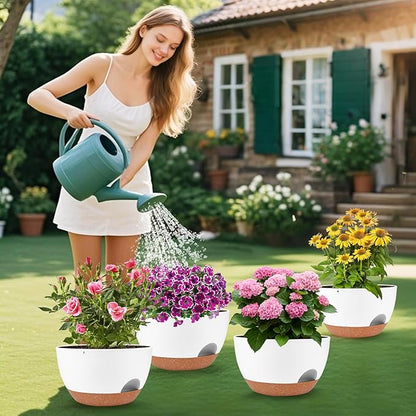 Plant Pots 12inch Self Watering Pots, Set of 2 Plastic Planters with Drainage Holes and Saucers, Flower Pots for Indoor Outdoor Plants (White)
