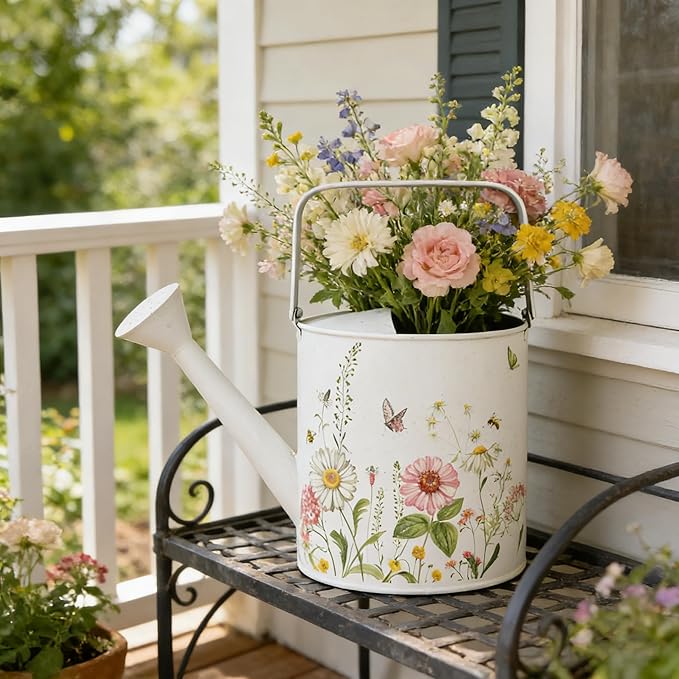 Vintage Floral Metal Watering Can for Indoor/Outdoor Plants, White Functional Garden Waterer with Long Spout, Garden Water Pot Rustic Decor for Home Garden Patio
