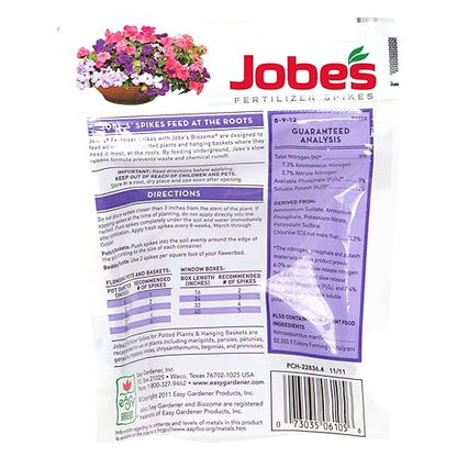 Jobe�s Fertilizer Spikes for Flowering Plants 8-9-12 Time Release Fertilizer for Hanging Baskets andPotted Plants, 18 Spikes per Package (2 Pack)