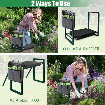 seasky Foldable Garden Kneeler and Seat, Anti-Tipping Gardening Bench Widened Thick Soft Kneeling Pad，Heavy Duty Gardening Stool with Garden Tool Bag, Gardening Gift for Women(Without Gloves)
