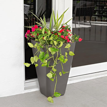 Step2 Bridgeview Tall Square Planter, Large Planters for Outdoor Plants, Gardening and Flower Pot for Patio or Porch, Efficient Drainage, Durable Plastic, Dark Cedar, 2-Pack