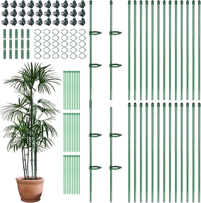30 Pcs Adjustable Plant Sticks, 12 in Plant Support Sticks Plant Support Stakes with Orchid Clips Garden Ties Plant Support Cage for Potted Plants Indoor Orchid Flower Tomato, Green