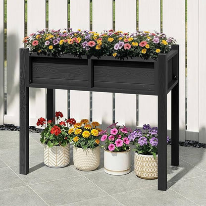 DWVO Raised Garden Bed HDPE with Legs Poly-Wood All-Weather Elevated Planter Box Outdoor with Drainage System Patio Planters for Herbs Vegetables Flowers Plant Bed for Garden Balcony, Black