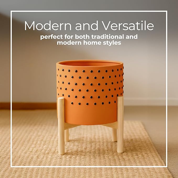 Dotted Decorative Planter Pot with Wood Stand – Vibrant Ceramic Stoneware Outdoor and Indoor Plant Pot – Modern Garden and Home Decor Planters – 10" x 11", Orange